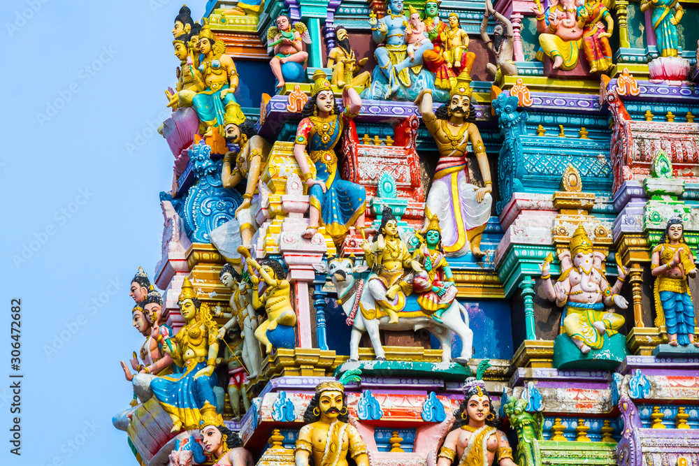 Closeup details on the tower of a Hindu Temple dedicated to Lord Shiva in Colombo, Sri Lanka. Closeup details on the tower of a Hindu Temple dedicated to Lord Shiva in Colombo, Sri Lanka.
