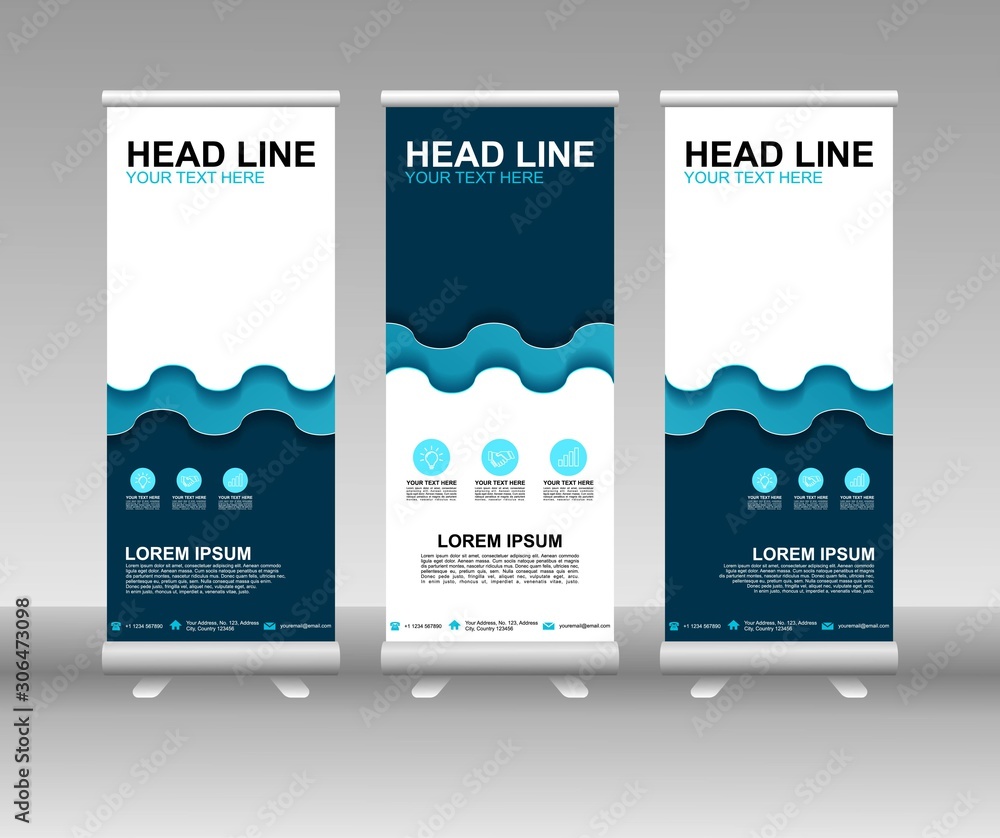 Blue Roll up banner stand. Vertical Vector template design. Modern Flag Banner Design with abstract background can be used for Annual Report, Cover, Flyer, Magazine, Presentation, Poster, Website Blue Roll up banner stand. Vertical Vector template design. Modern Flag Banner Design with abstract background can be used for Annual Report, Cover, Flyer, Magazine, Presentation, Poster, Website