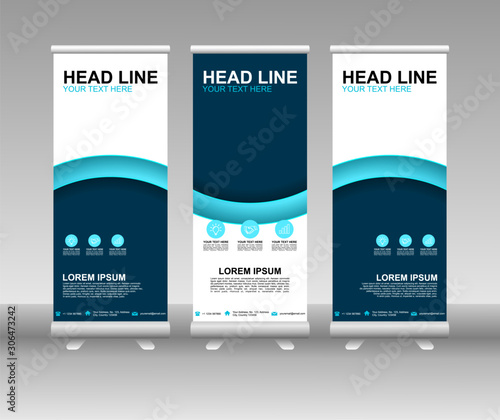 Blue Roll up banner stand. Vertical Vector template design. Modern Flag Banner Design with abstract background can be used for Annual Report, Cover, Flyer, Magazine, Presentation, Poster, Website