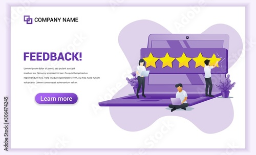 People giving five stars rating, positive feedback, satisfaction and evaluation on giant laptop. Can use for web banner, landing page. Vector illustration