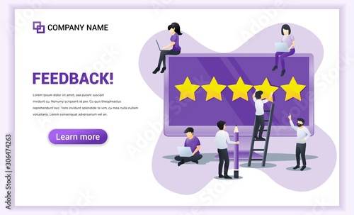 People giving five stars rating, positive feedback, satisfaction and evaluation on giant screen. Can use for web banner, landing page. Vector illustration