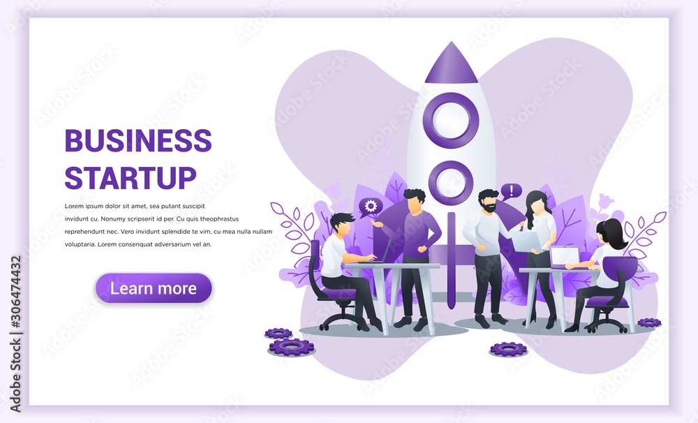Fototapeta premium Business start up concept with people work near a rocket ready getting launch. Can use for web banner, infographics, landing page, web template. Flat vector illustration