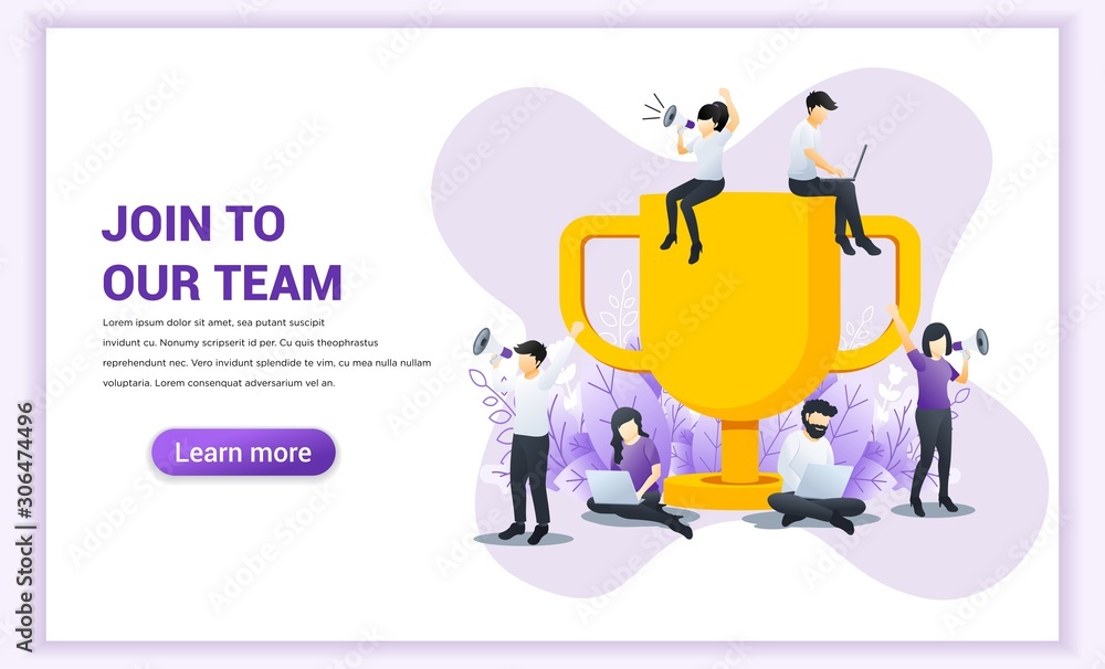Join our team web banner concept. people near the big trophy are looking for partners and new members. Successful Business team work. Flat vector illustration