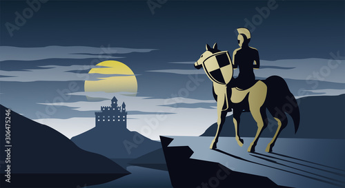 knight on horseback stand on cliff look to castle and try to go there,silent and scary night,silhouette design,vector illustration