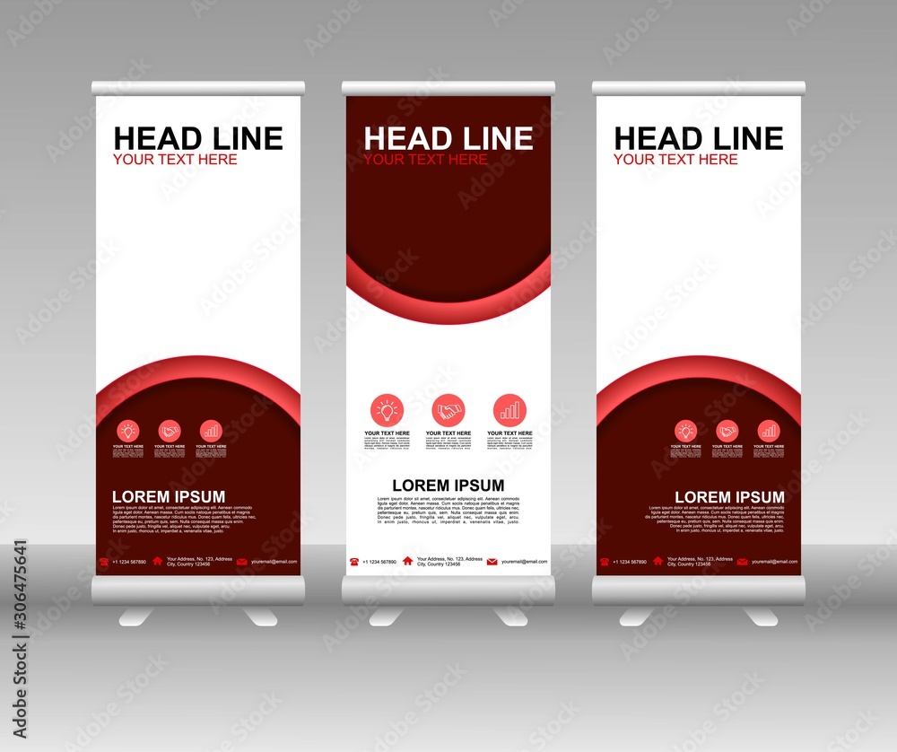 Fototapeta premium Red Roll up banner stand. Vertical Vector template design. Modern Flag Banner Design with abstract background can be used for Annual Report, Cover, Flyer, Magazine, Presentation, Poster, Website