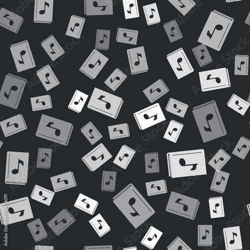 Grey Audio book icon isolated seamless pattern on black background. Musical note with book. Audio guide sign. Online learning concept. Vector Illustration