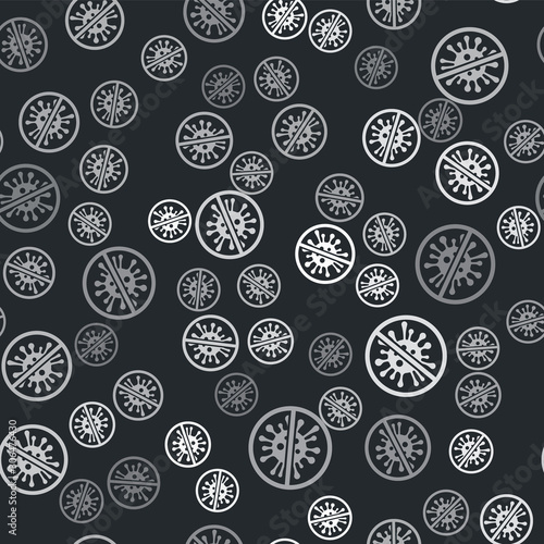 Grey Stop virus, bacteria, germs and microbe icon isolated seamless pattern on black background. Antibacterial and antiviral defence, protection infection. Vector Illustration
