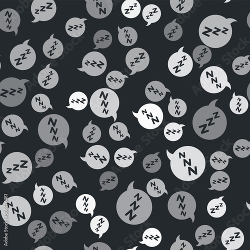 Grey Speech bubble with snoring icon isolated seamless pattern on black background. Concept of sleeping, insomnia, alarm clock app, deep sleep, awakening. Vector Illustration