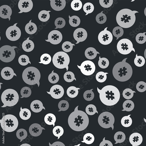 Grey Hashtag speech bubble icon isolated seamless pattern on black background. Concept of number sign, social media marketing, micro blogging. Vector Illustration