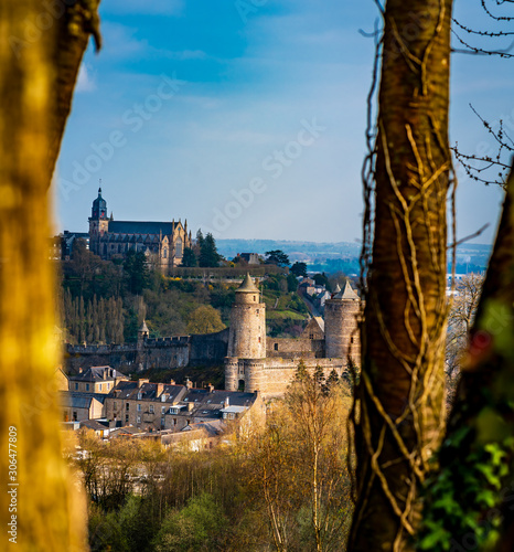 Fougeres castle and cathedral in Brittany, France. Panoramic aerial top view, overlooking Fougères town. photo