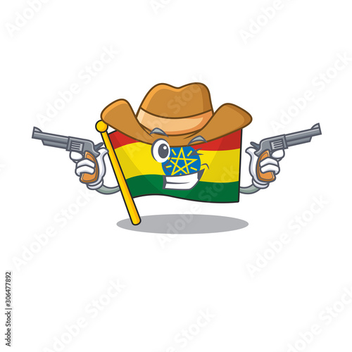 Flag ethiopia cartoon character as a Cowboy holding guns