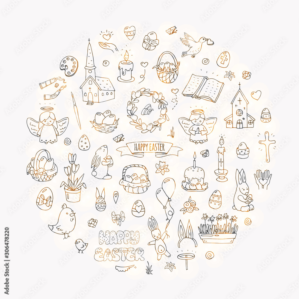 Plakat Ręcznie rysowane doodle Zestaw ikon Wesołych Świąt Wielkanocnych ilustracji wektorowych szkicowy zbiór tradycyjnych symboli Kreskówka elementy koncepcji uroczystości jajka, królik, gałązki wierzby, kosz, świece, kościół chrześcijański