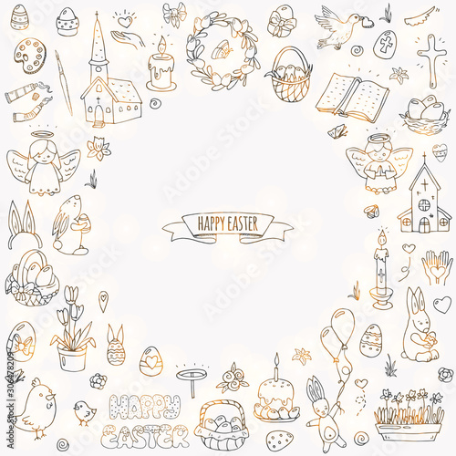 Hand drawn doodle Happy Easter icons set Vector illustration sketchy  traditional symbols collection Cartoon celebration concept elements eggs, bunny, willow twigs, basket, candles, Christian church