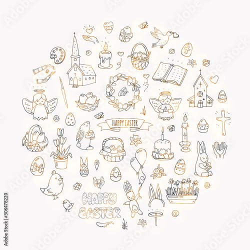 Hand drawn doodle Happy Easter icons set Vector illustration sketchy traditional symbols collection Cartoon celebration concept elements eggs, bunny, willow twigs, basket, candles, Christian church