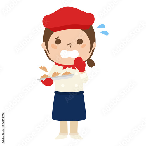 職業別、パン屋で働く女性のイラスト。慌てている女性。