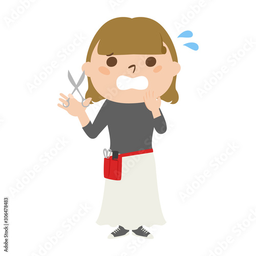 職業別、女性美容師のイラスト。ハサミを持って慌てている女性。