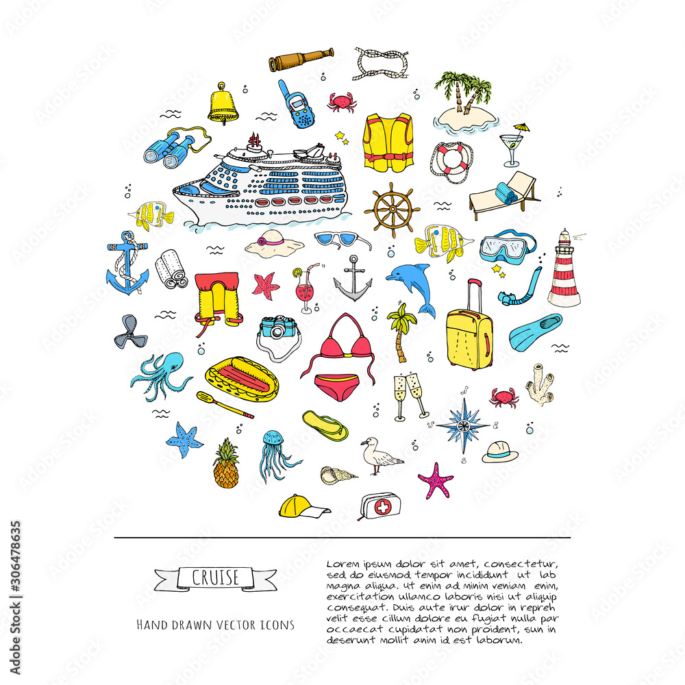 Obraz premium Hand drawn doodle Cruise vacation icons set Vector illustration summer adventure emblem collection Cartoon cruise liner concept elements Sea symbols Marine concept with Cruise Ship Summertime Elements