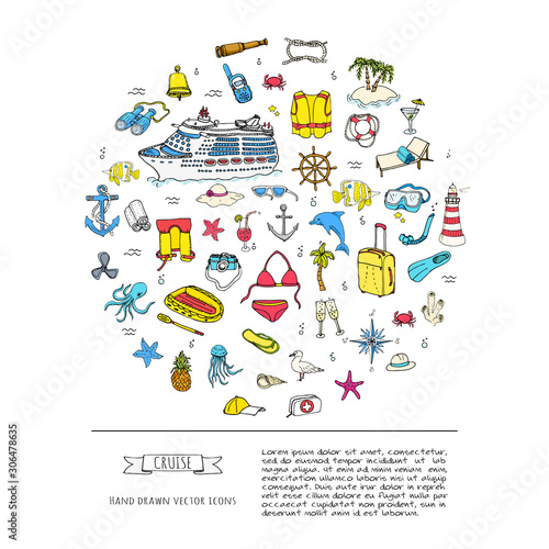 Hand drawn doodle Cruise vacation icons set Vector illustration summer adventure emblem collection Cartoon cruise liner concept elements Sea symbols Marine concept with Cruise Ship Summertime Elements