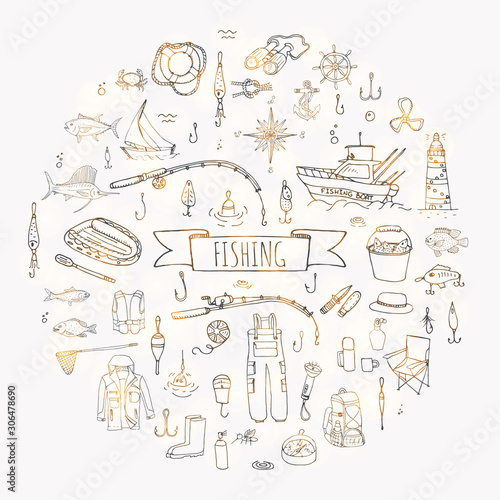 Hand drawn doodle Fishing icons set Vector illustration catching fish equipment elements collection Cartoon fishery concept Rod Baits Spinning Lure Fiberglass Rib boat Lighthouse Clothing Rubber boots