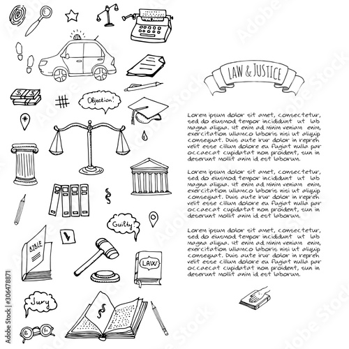 Hand drawn doodle Law and Justice icons set Vector illustration law sketchy symbols collection Cartoon law concept elements suitable for info graphics, websites and print media. Black and white icons