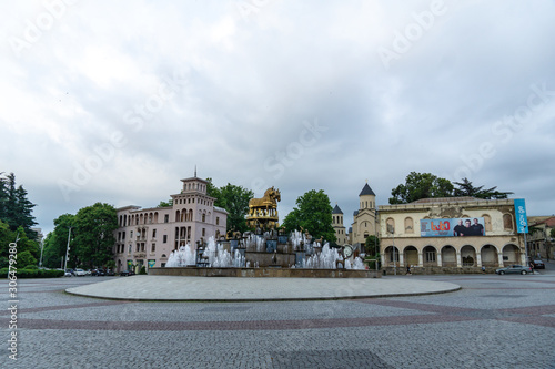 Kutaisi, Georgia - 21.08.2019: View to Colchis Fountain and Meskhishvili Theatre in the centre of Kutaisi