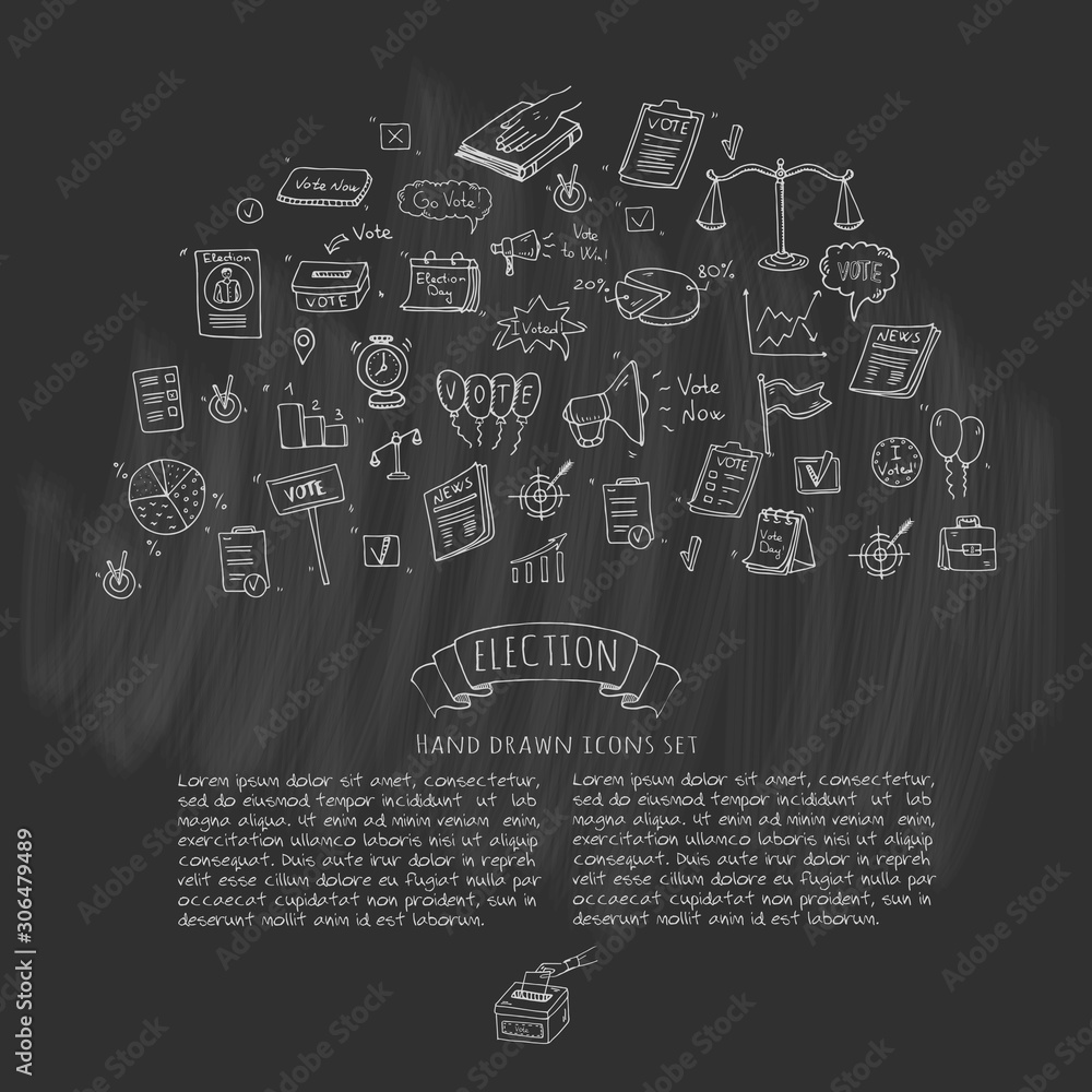 Hand drawn doodle Vote icons set. Vector illustration. Election symbols collection. Cartoon various voting elements: hand putting paper in the ballot box, speaker, scale, calendar, infographics, case. Hand drawn doodle Vote icons set. Vector illustration. Election symbols collection. Cartoon various voting elements: hand putting paper in the ballot box, speaker, scale, calendar, infographics, case.