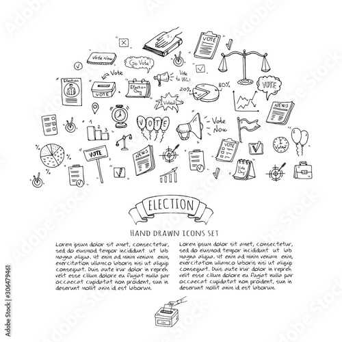 Hand drawn doodle Vote icons set. Vector illustration. Election symbols collection. Cartoon various voting elements: hand putting paper in the ballot box, speaker, scale, calendar, infographics, case.