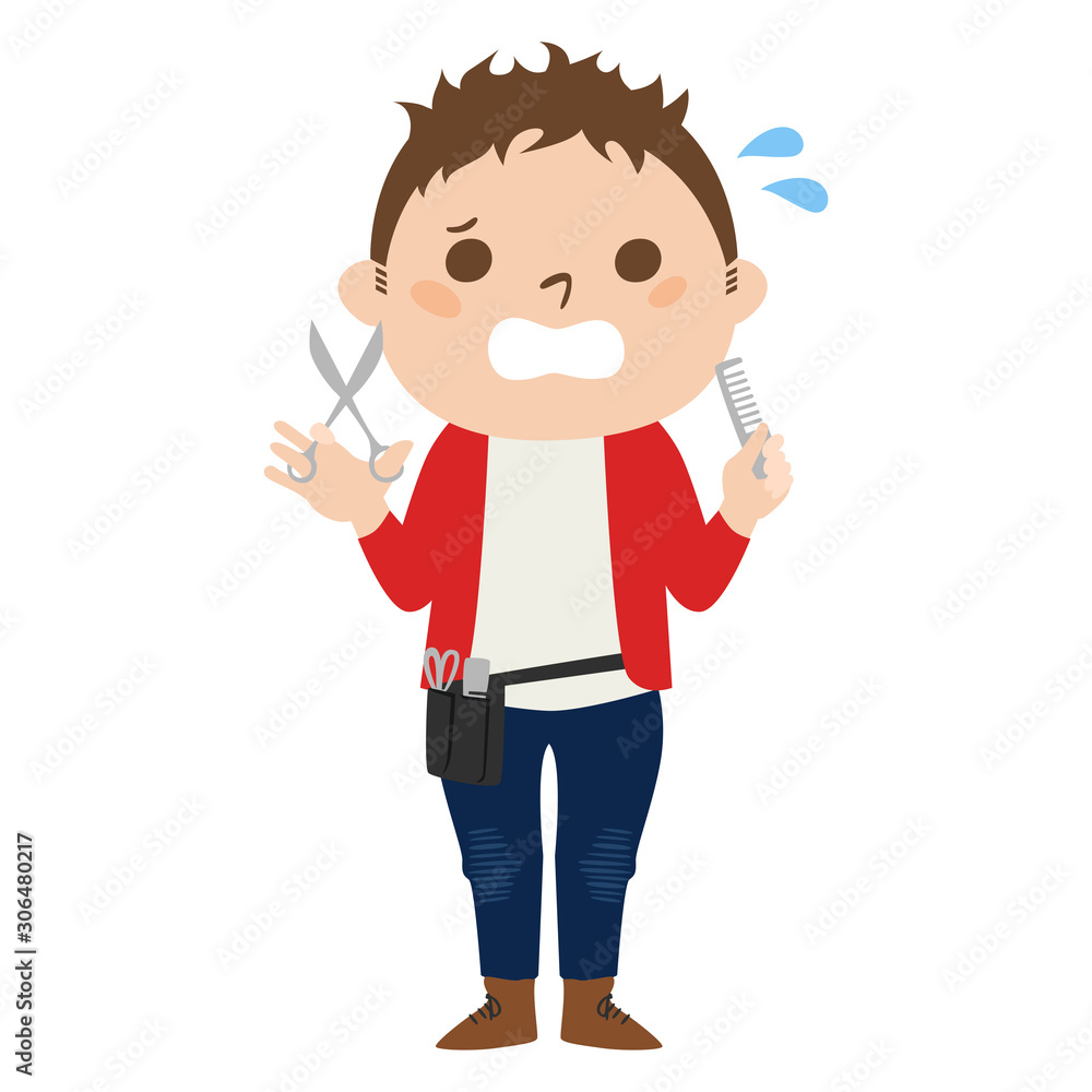 職業別、男性美容師のイラスト汗をかいて、慌てている男性。 職業別、男性美容師のイラスト汗をかいて、慌てている男性。
