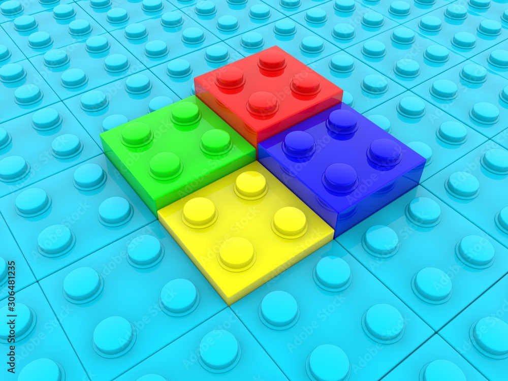 Four different colored toy bricks in the center between the blue colored toy bricks Four different colored toy bricks in the center between the blue colored toy bricks