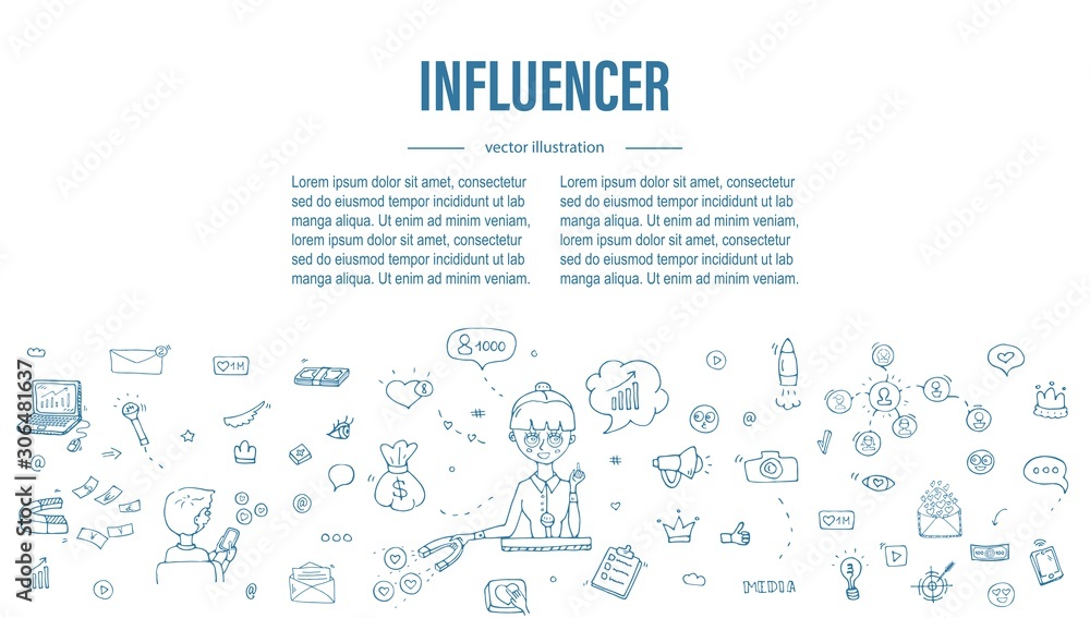 Hand drawn doodle set of Influencer icons. Vector illustration set. Cartoon marketing symbols. Sketchy elements collection: laptop, network, mail, followers, people, money, magnet, blogger, leader Hand drawn doodle set of Influencer icons. Vector illustration set. Cartoon marketing symbols. Sketchy elements collection: laptop, network, mail, followers, people, money, magnet, blogger, leader