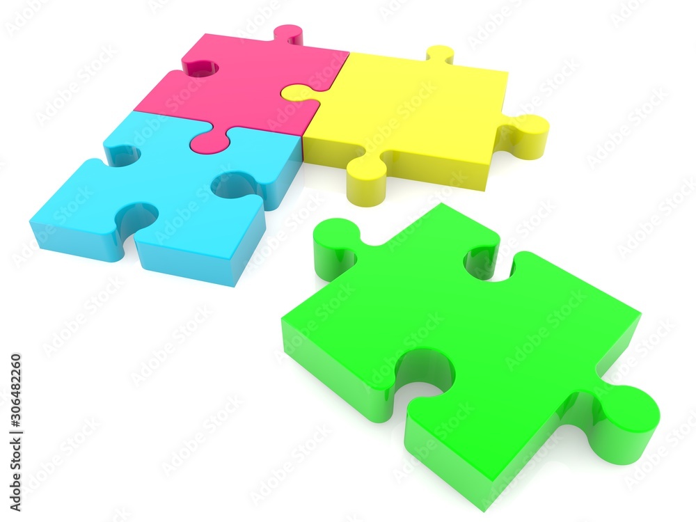 Four puzzles of different colors on a white background Four puzzles of different colors on a white background