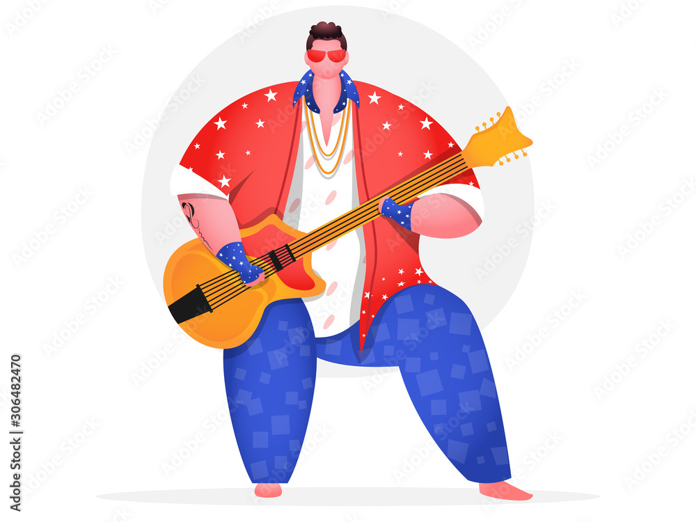 Fototapeta premium Young Man Character Playing Guitar on White Background.