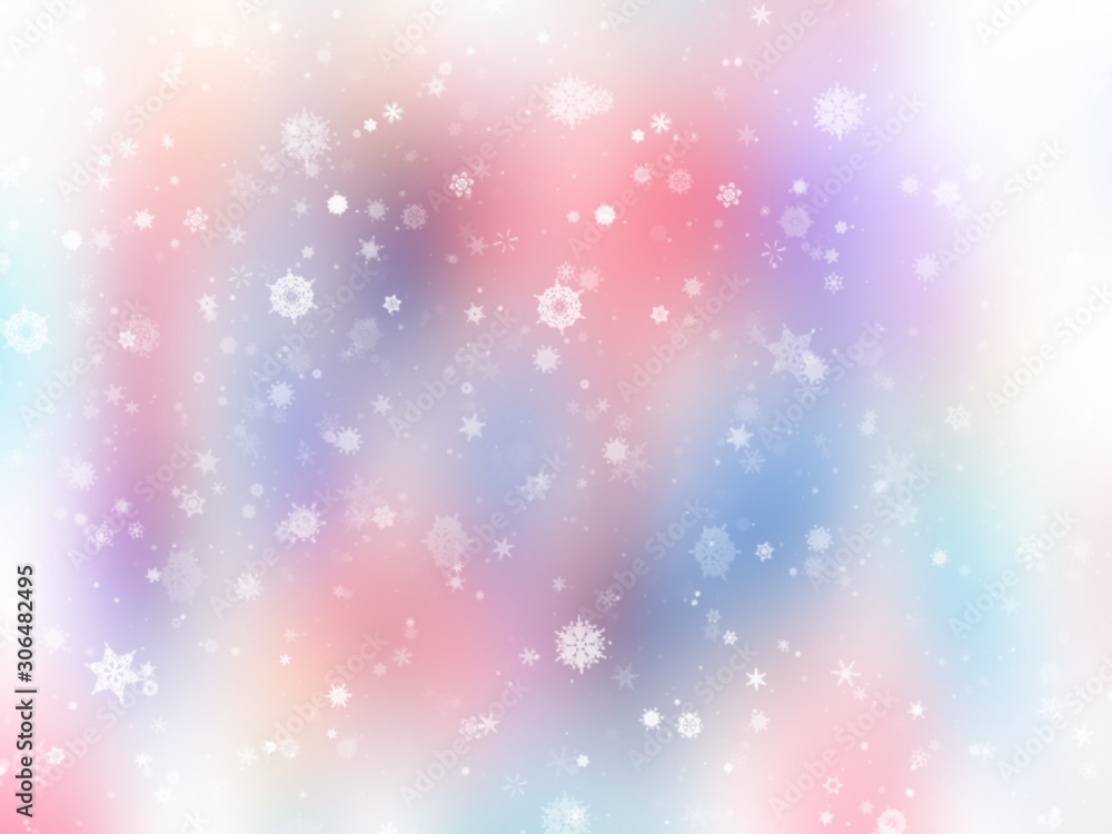 Colorful abstract background with snowflakes winter and bokeh white blurred beautiful shiny light, use illustration Christmas new year wallpaper backdrop and texture your product. 