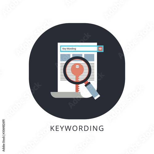 Keywording, SEO keywording process, keyword research, keywords optimization flat vector illustration design.