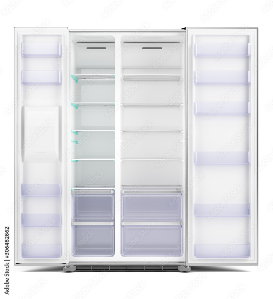 Modern side by side Stainless Steel Refrigerator. Fridge Freezer with open door isolated on white Background. 3d rendering Modern side by side Stainless Steel Refrigerator. Fridge Freezer with open door isolated on white Background. 3d rendering