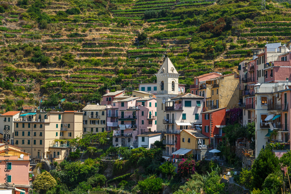View to coastal Manarola village in Cinque Terre land, Italy