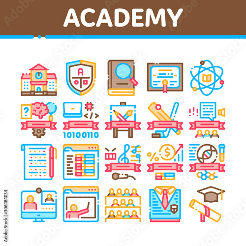 Academy Educational Collection Icons Set Vector Thin Line. Academy Building And Uniform  Book And Paper With Pen  Financial And Music Lessons Linear Pictograms. Color Contour Illustrations