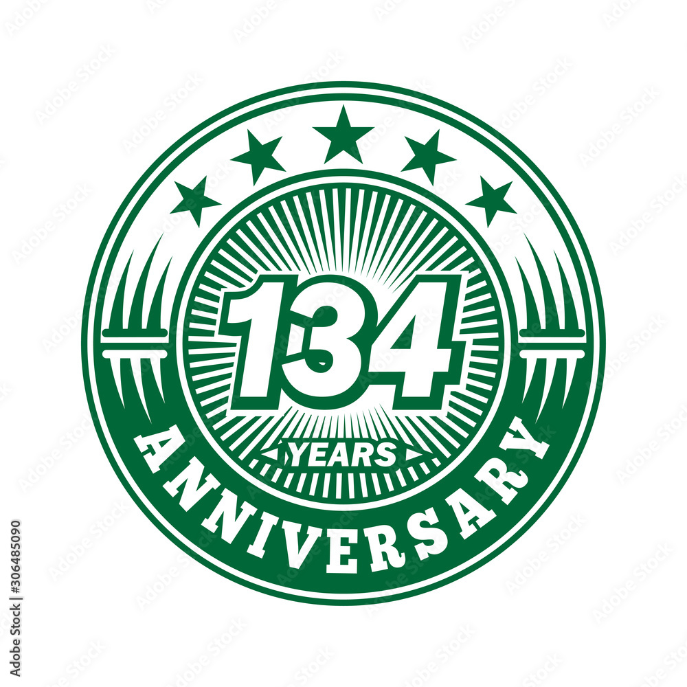 134 years logo. One hundred thirty four years anniversary celebration logo design. Vector and illustration.