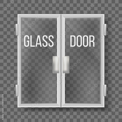 Glass Doors With Silver Handle And Frame Vector. Transparent Double Doors Central Front Entry To Commercial Shopping Market Center. Modern Storefront Exterior Mockup Realistic 3d Illustration