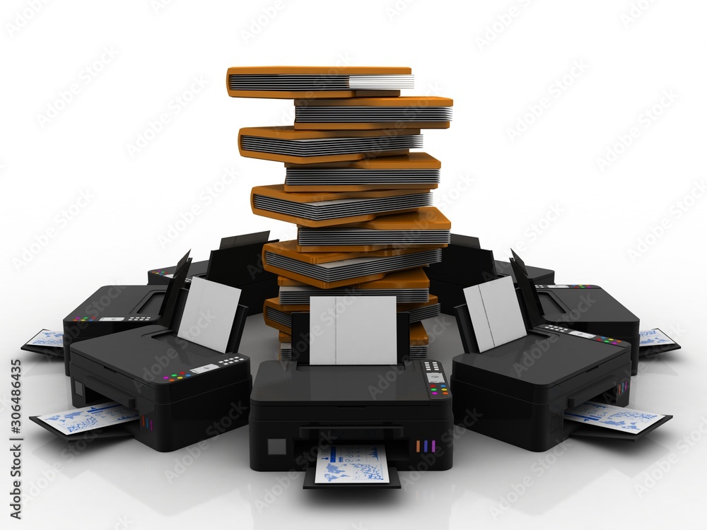 3d illustration Generic inkjet printer CMYK cartridges with folder ...