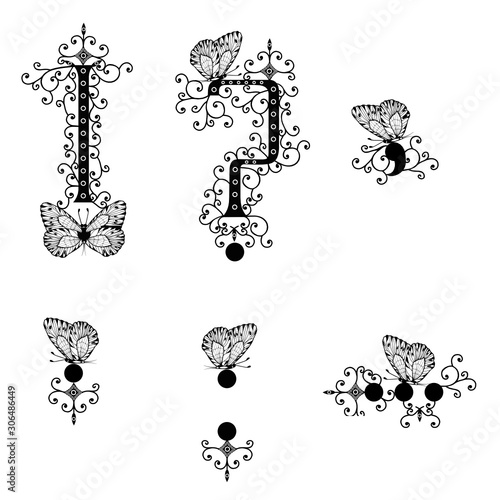 set black hand written monogram question mark, exclamation point, dot, comma, double point and ellipsis decorated with butterflies, vector clip art on white isolated background