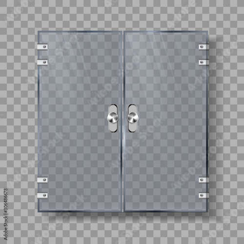 Glass Doors With Silver Handle And Hinges Vector. Transparent Double Doors Central Entrance To Hotel Or Restaurant Building. Architectural Design Element Template Realistic 3d Illustration