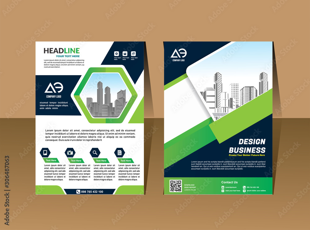 Vector Business brochure, flyers design template, company profile, magazine, poster, annual report, book & booklet cover, with green wavy line, and cityscape vector in background elements, size a4. Vector Business brochure, flyers design template, company profile, magazine, poster, annual report, book & booklet cover, with green wavy line, and cityscape vector in background elements, size a4.