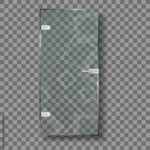 Glass Door With Steel Handle And Hinges Vector. Closed Elegance Transparent Door Entrance To Sauna Or Bath Shower. House Interior Stylish Element Template Realistic 3d Illustration