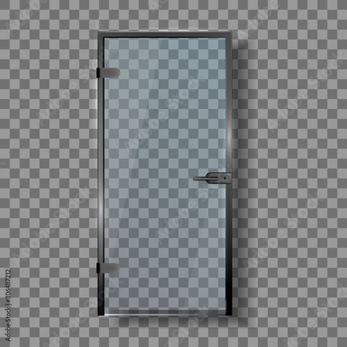 Glass Door With Steel Handle And Hinges Vector. Closed Elegance Transparent Door Entrance To Sauna Or Bath Shower. House Interior Stylish Element Template Realistic 3d Illustration