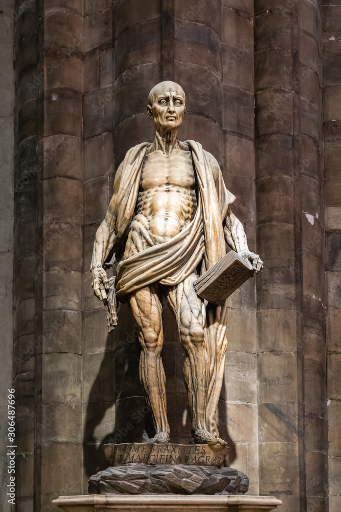 Milan, Italy - March 8, 2019: Statue of St. Bartholomew Flayed was one of  12 Apostles and