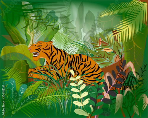 illustration, postcard, banner desktop wallpaper angry tiger in the jungle