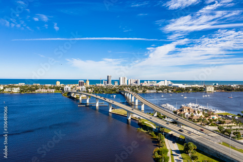 Aerial view Daytona Beach and split bridges crossing the Halifax River photo
