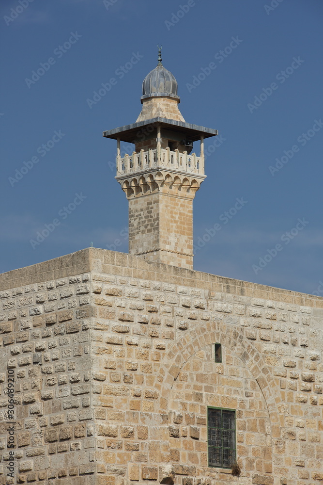 Minaret of Al Aqsa mosque, Temple Mount in Jerusalem, seen from outside of wall
