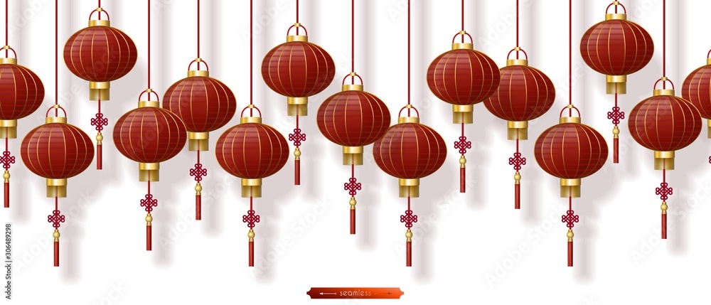 Chinese traditional red lanterns with falling shadows for festive New Year design and advertising, vector seamless border isolated on white background, paper cut style Chinese traditional red lanterns with falling shadows for festive New Year design and advertising, vector seamless border isolated on white background, paper cut style